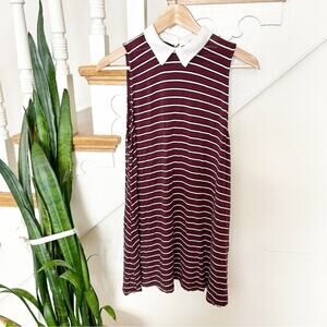 Subdued Burgundy White Stripe Sleeveless Point Collar Shift Dress Size One Size
